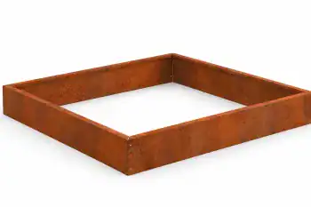 Quadratischer Rahmen aus Cortenstahl, gebaut aus modularen Rasenkanten mit 15 cm Höhe