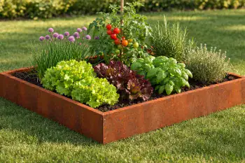 Pflanzrahmen aus Cortenstahl, bepflanzt mit Kräutern und Gemüse im Garten
